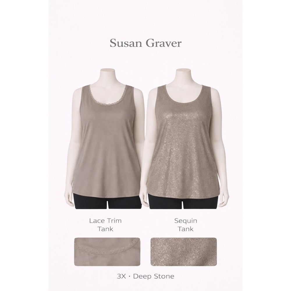 Susan‎ Graver Stone Tan Sequin Sparkle and Lace Trim Tank Top Set 2pc 3X